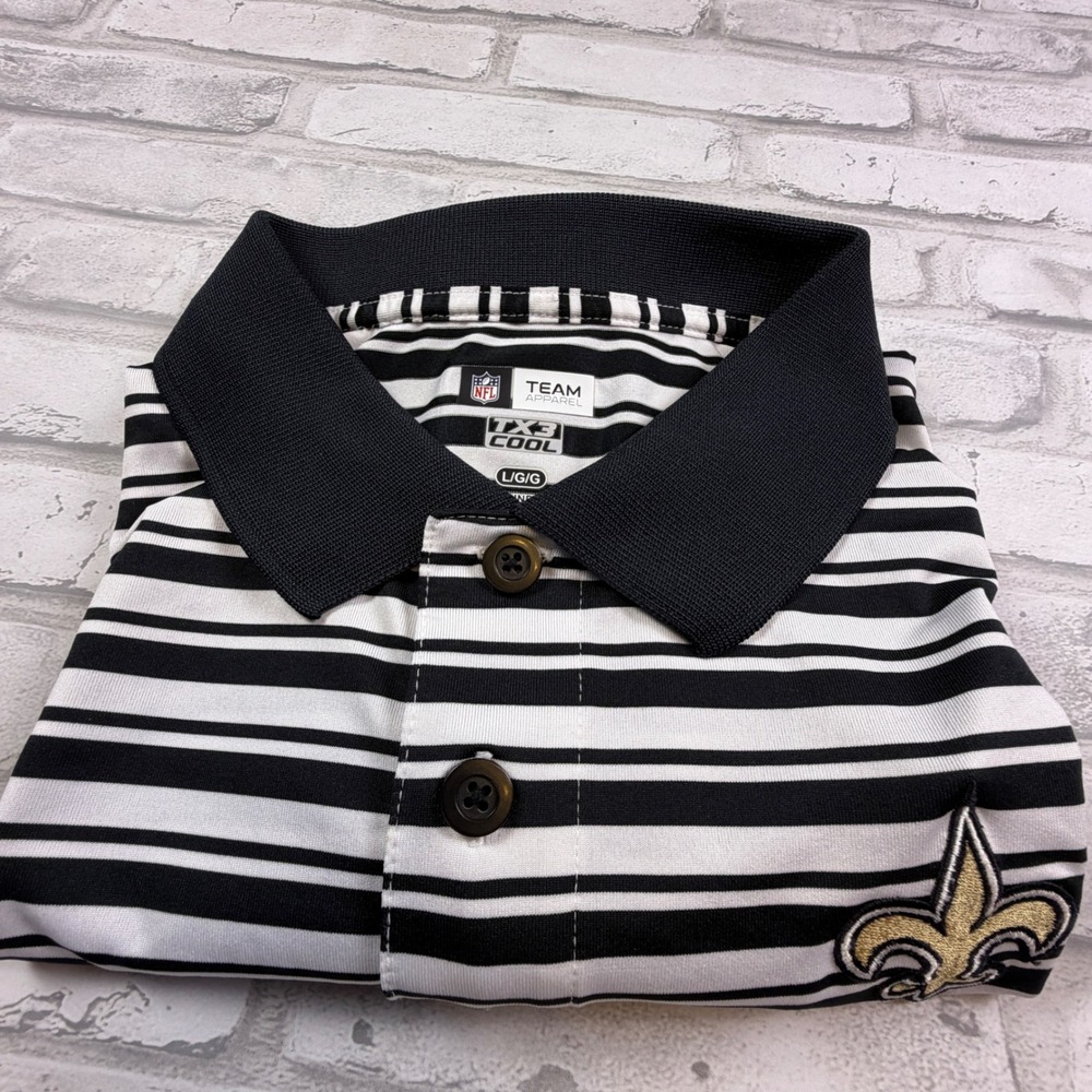 NFL Team Apparel Polo Mens L Black White Striped Saints Performance EUC - Picture 10 of 10